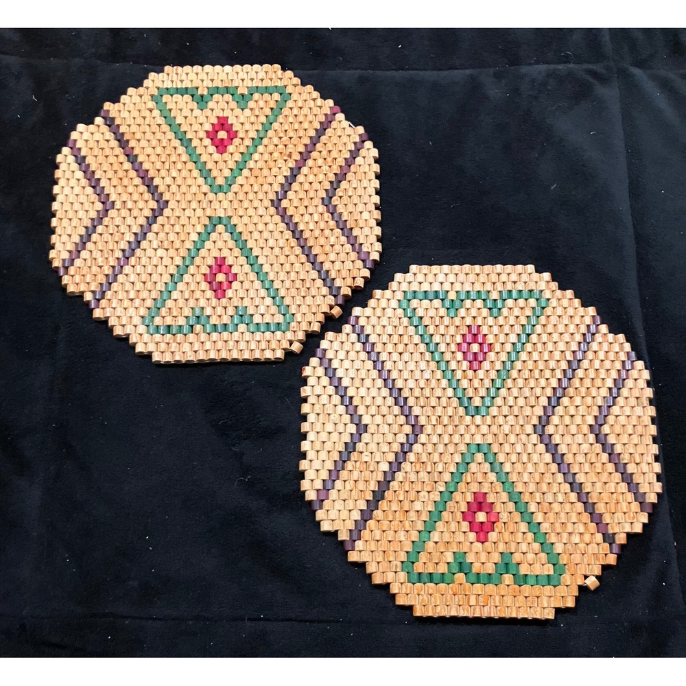 Wooden Bead Trivets Set of 2 Tan Green Geometric Vintage